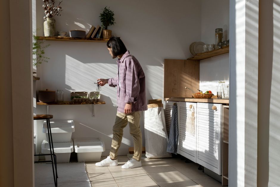 Zonverlicht keukeninterieur met groene apparaten.
